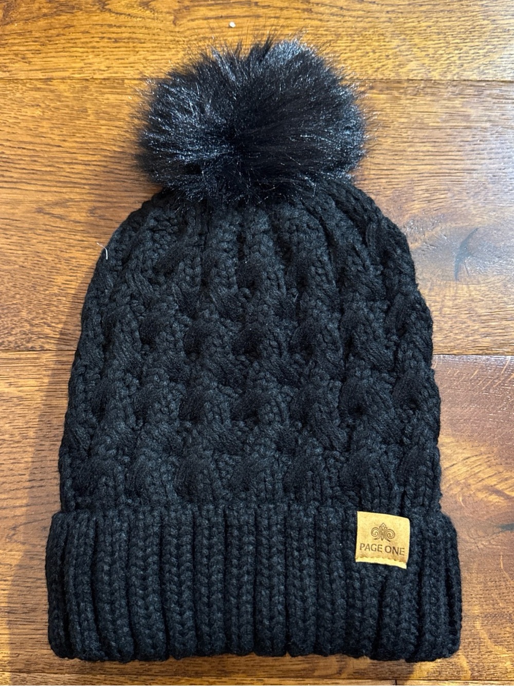 Women's Black Cable Knit Pom Beanie